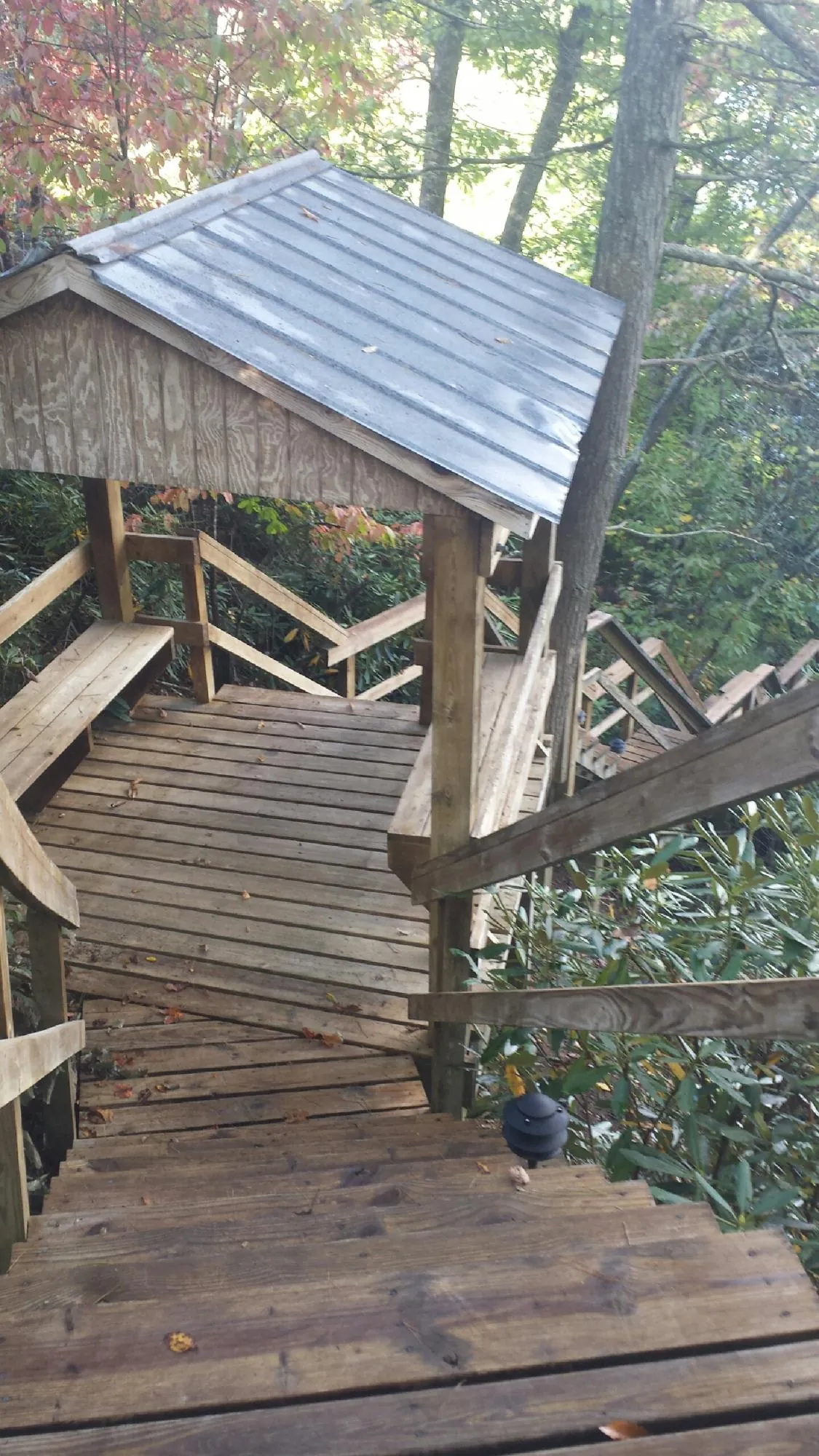 Metal roofed shelter over wooden steps on a wooded walkway — Skylight Repair & Installation work by our crew in Greenwood Springs